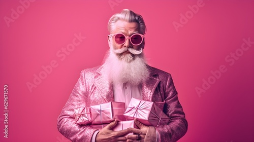 Santa Claus happy smiling, in pink clothes, trendy Santa Claus, on pink background