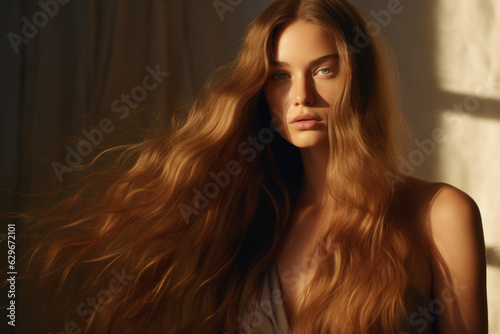 portrait of a woman/model/book character in a close up with long copper red hair in a fashion/beauty editorial advertisement magazine style film photography look redhead - generative ai art