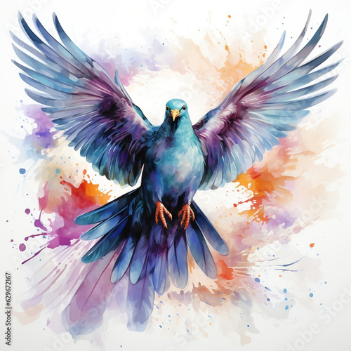 Graceful Dove Soaring with Open Wings - A Serene Watercolor Splash Illustration