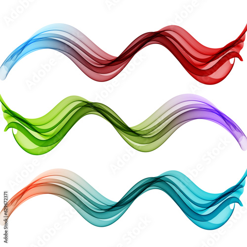 Set of colored bright transparent horizontal waves on a white background