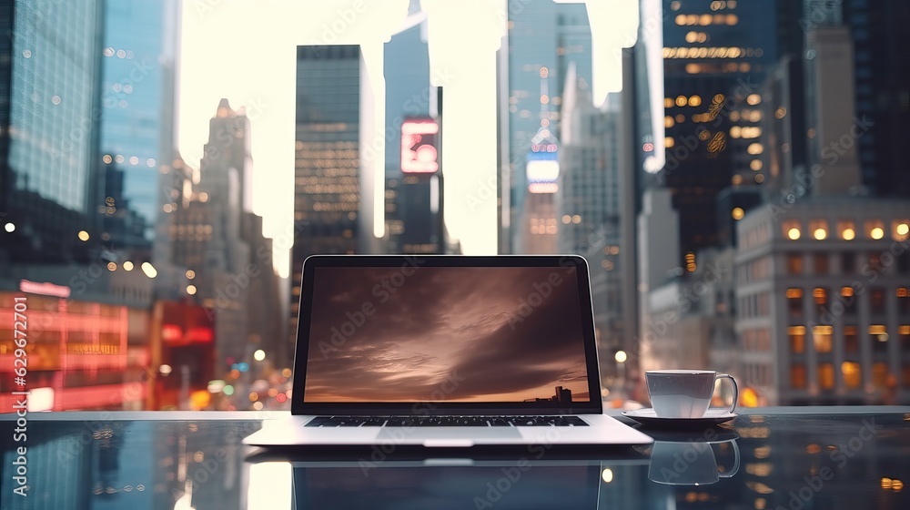 screen of Tablet and Laptop on table . Light and bokeh. from the setting sun. morning light at restaurant,  modern office, tower view at urban city background . 
