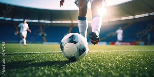 Soccer Player Runs to Kick the Ball. Ball on the Grass during a match Field of Arena
