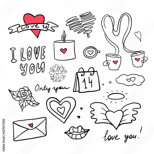 Cute set of vector elements with hearts, love letters, envelopes with heart icons in doodle style . Great for valentine's day cards, greeting card, posters, wrapping and design 