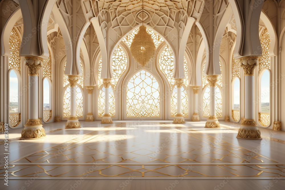 Golden Splendor, An Opulent Mosque Interior Shimmering with Elegance