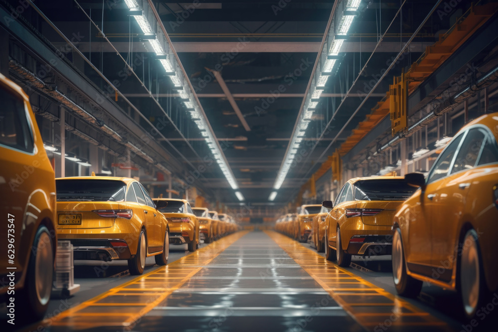 Fototapeta premium Modern technological car factory. Automated assembly line. Generative AI