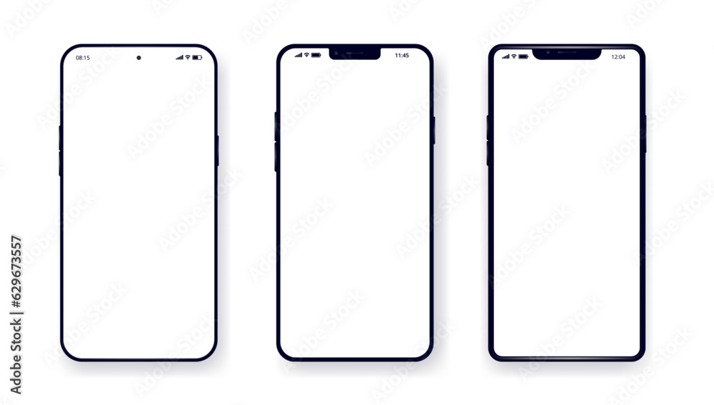 Vector phones on white background - Various unbranded smartphones with empty white screens in flat lay, with subtle shadow Vector phones on white background - Various unbranded smartphones with empty white screens in flat lay, with subtle shadow