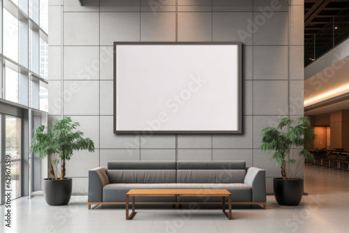 Advertising billboard frame on wall in office lobby copy space for mock up template. Generative AI