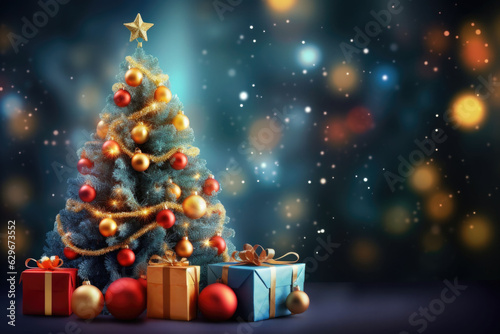 Christmas tree and gift boxes on background bokeh blur lights and illumination. AI generated © barmaleeva