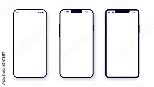 Vector phones on white background - Various unbranded smartphones with empty white screens in flat lay, with subtle shadow