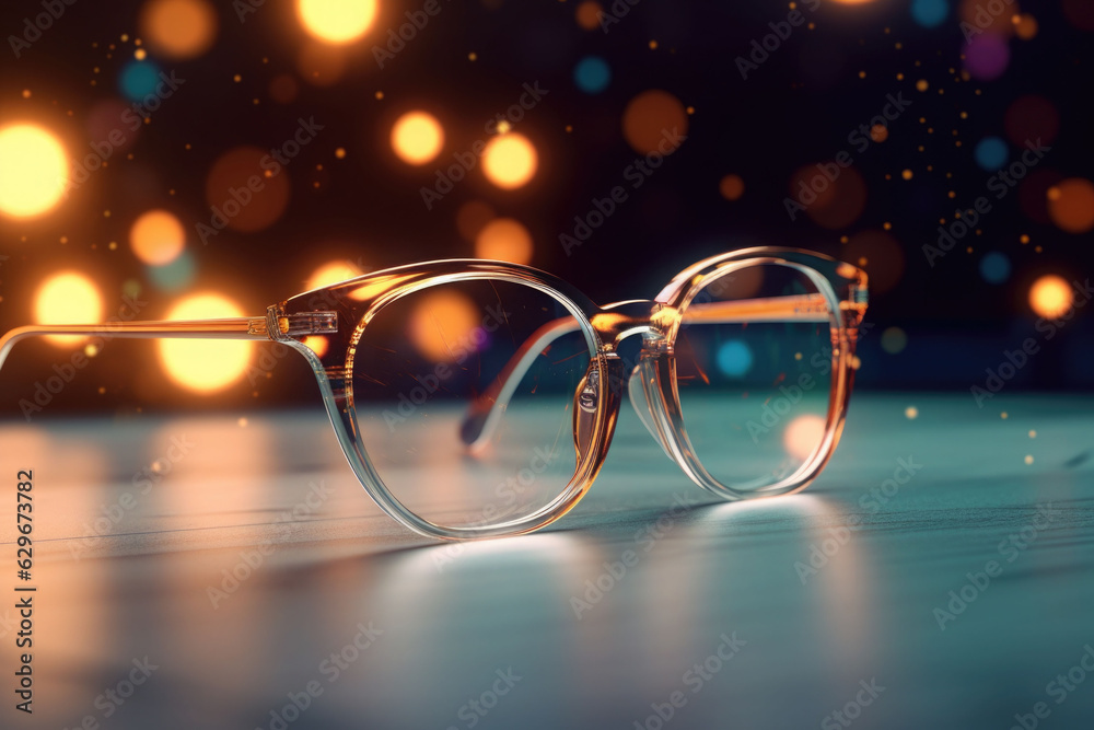 Eyeglasses with bokeh in the background. Selection of glasses for vision concept. Generative AI Eyeglasses with bokeh in the background. Selection of glasses for vision concept. Generative AI