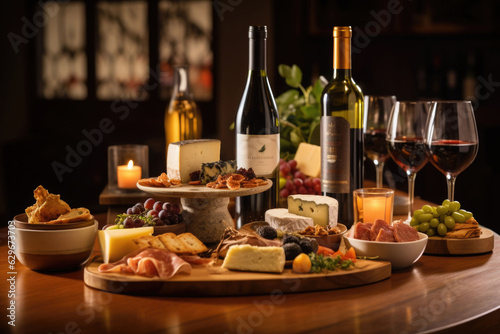 Food and wine assortment. Cheese, grape, meat and fruits on the wooden desk. Generative AI