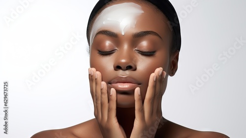 African American girl . Beautiful black woman touch her face . Facial treatment .