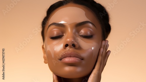 African American girl . Beautiful black woman touch her face . Facial treatment .