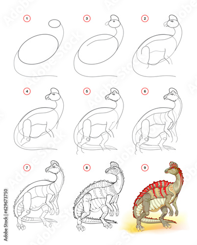 How to draw corythosaurus. Educational page for children. Creation step by step prehistoric animal illustration. Printable worksheet for kids school exercise book. Online education. Vector drawing.