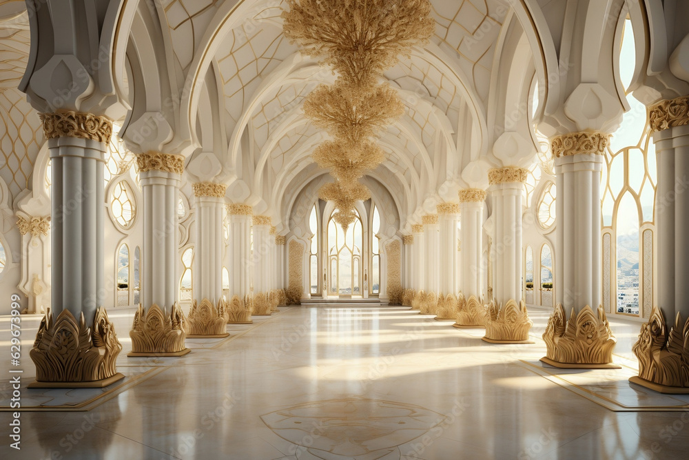 Golden Splendor, Opulent Mosque Interior with Luxurious Gold and White Theme,