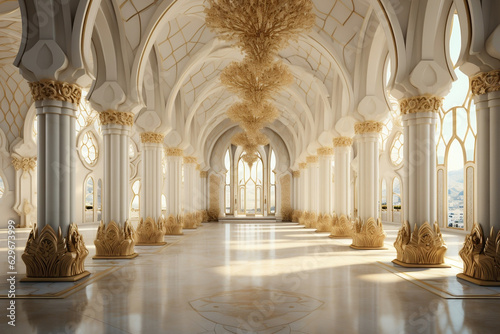 Golden Splendor  Opulent Mosque Interior with Luxurious Gold and White Theme 