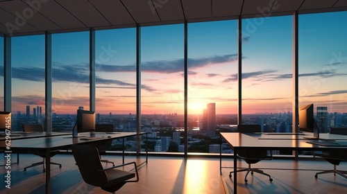 Business Office room. Light and bokeh. from the setting sun. morning , modern office, tower view at urban city background . 