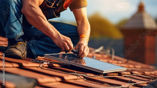 Worker engineer installing solar panels, electrical technician, alternative renewable green energy