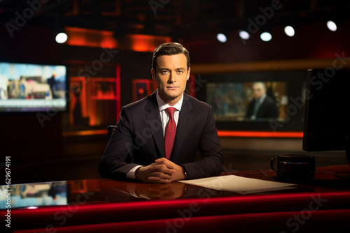 TV news anchor in studio. AI generated photo