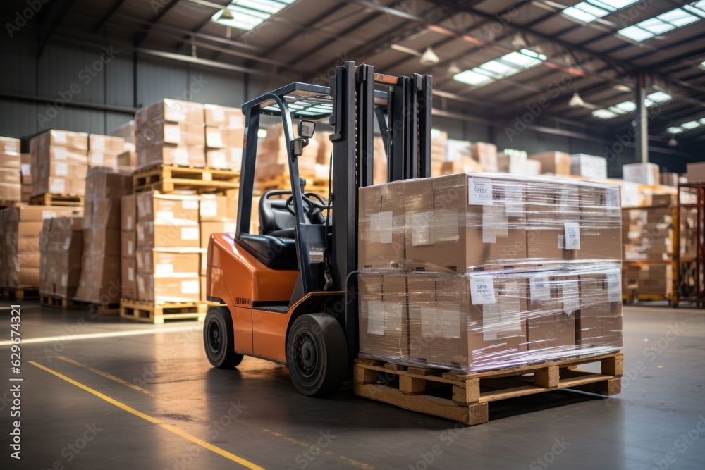 A large retail warehouse filled with shelves with goods stored on manual pallet trucks in cardboard boxes and packages. driving a forklift in the background Logistics and distribution facilities for