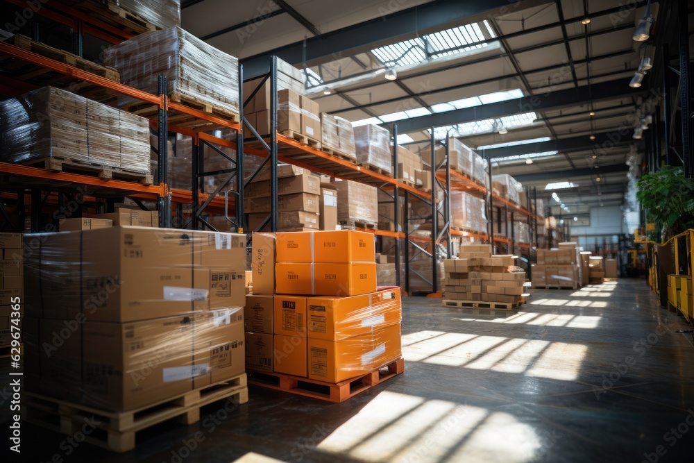 A large retail warehouse filled with shelves with goods stored on manual pallet trucks in cardboard boxes and packages. driving a forklift in the background Logistics and distribution facilities for A large retail warehouse filled with shelves with goods stored on manual pallet trucks in cardboard boxes and packages. driving a forklift in the background Logistics and distribution facilities for