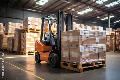 A large retail warehouse filled with shelves with goods stored on manual pallet trucks in cardboard boxes and packages. driving a forklift in the background Logistics and distribution facilities for
