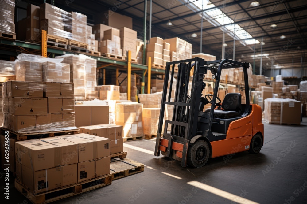 A large retail warehouse filled with shelves with goods stored on manual pallet trucks in cardboard boxes and packages. driving a forklift in the background Logistics and distribution facilities 