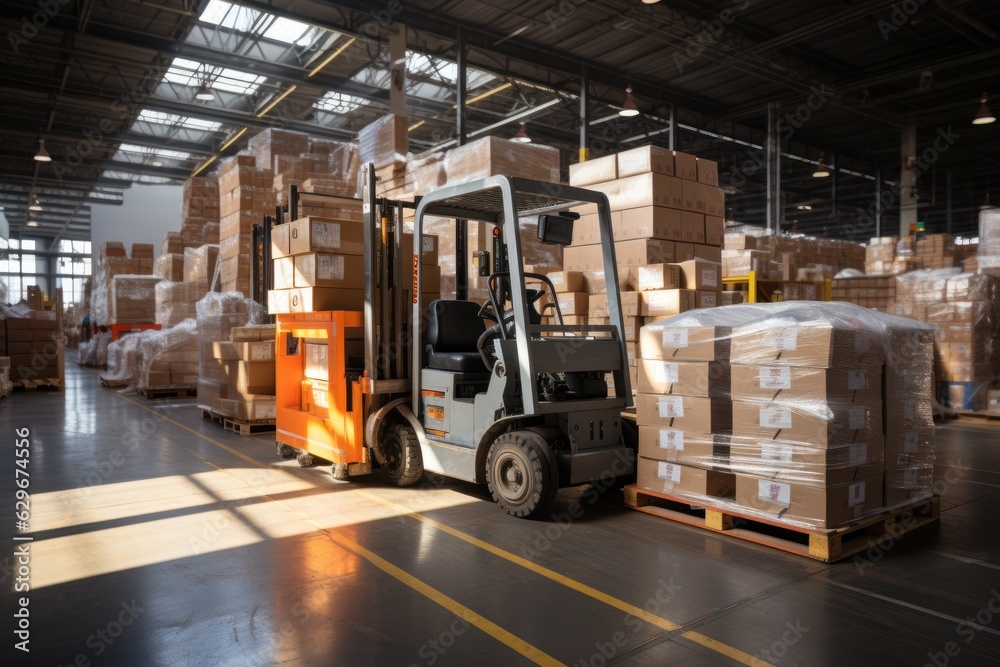 Naklejka premium A large retail warehouse filled with shelves with goods stored on manual pallet trucks in cardboard boxes and packages. driving a forklift in the background Logistics and distribution facilities 