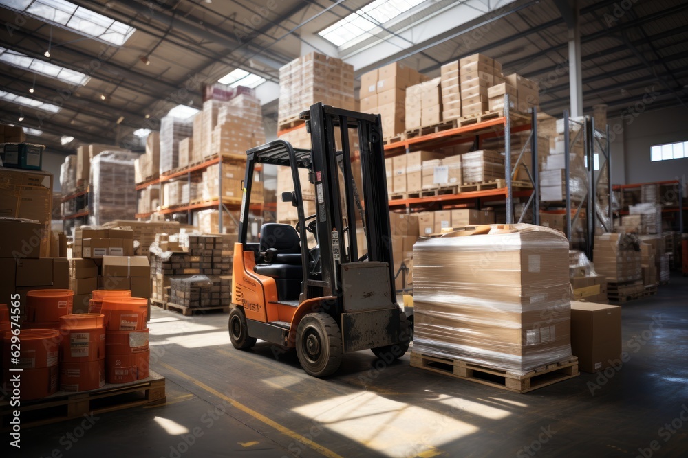 Naklejka premium A large retail warehouse filled with shelves with goods stored on manual pallet trucks in cardboard boxes and packages. driving a forklift in the background Logistics and distribution facilities 