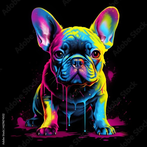 One colorful pug colorful illustration, painting isolad on black background.created with Generative AI technology © Oksana