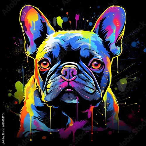One colorful pug colorful illustration, painting isolad on black background.created with Generative AI technology