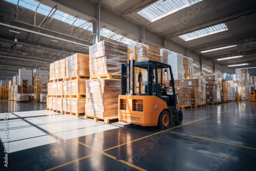 A large retail warehouse filled with shelves with goods stored on manual pallet trucks in cardboard boxes and packages. driving a forklift in the background Logistics and distribution facilities 
