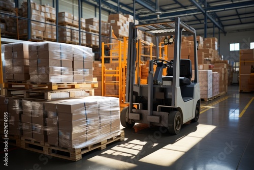 A large retail warehouse filled with shelves with goods stored on manual pallet trucks in cardboard boxes and packages. driving a forklift in the background Logistics and distribution facilities 