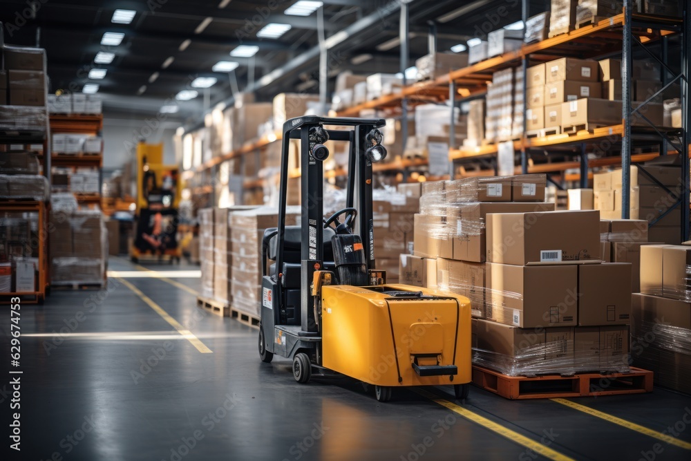 A large retail warehouse filled with shelves with goods stored on manual pallet trucks in cardboard boxes and packages. driving a forklift in the background Logistics and distribution facilities