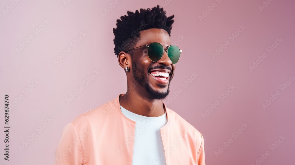 Modern american african man smiling close up portrait, wearing sunglasses, happy trendy city life