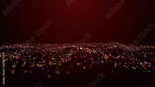 Abstract digital particle wave and light abstract background. Depth of field effect, blur effect, loop possible red dark