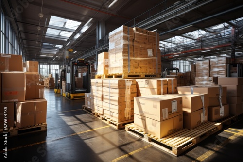 A large retail warehouse filled with shelves with goods stored on manual pallet trucks in cardboard boxes and packages. driving a forklift in the background Logistics and distribution facilities  © sirisakboakaew