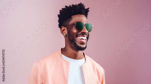Modern american african man smiling close up portrait, wearing sunglasses, happy trendy city life © Banana Images
