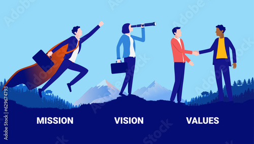 Mission vision values business concept - Vector illustration of businesspeople in landscape symbolising various corporate core values