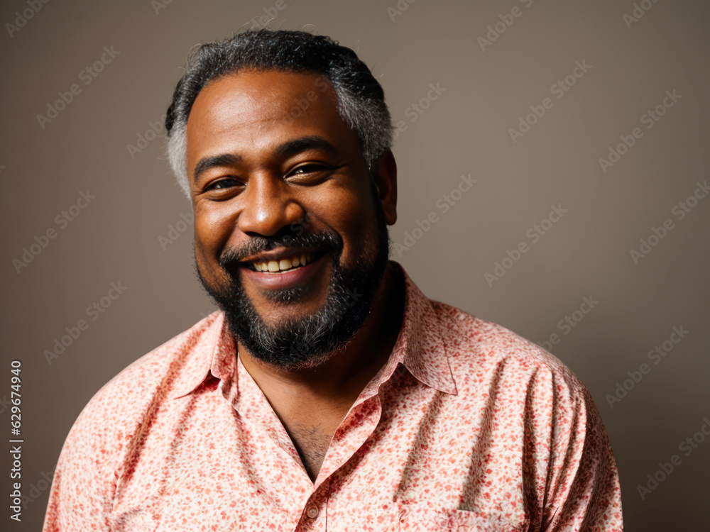 Portrait of the middle age bearded black man with a cheerful smile wearing a bright Hawaiian shirt stands alone on a pink background. Concept of active age. Portrait of the middle age bearded black man with a cheerful smile wearing a bright Hawaiian shirt stands alone on a pink background. Concept of active age.