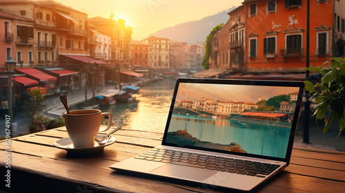 screen of Tablet and Laptop on table . Light and bokeh. from the setting sun. morning light at restaurant,  modern office, tower view at urban city background .  © banthita166