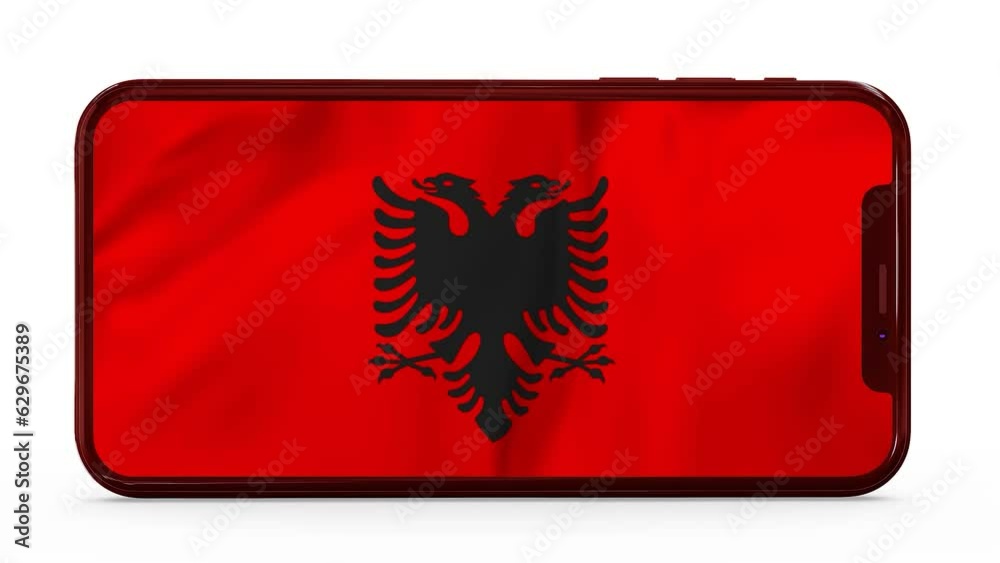 Waving flag of Albania on a mobile phone screen. 3d animation in 4k resolution video. Waving flag of Albania on a mobile phone screen. 3d animation in 4k resolution video.