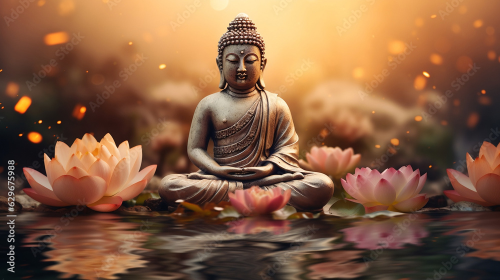 Serenity embodied, Buddha statue surrounded by lotus blossoms