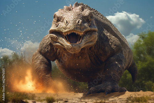 Photorealistic Komodo dragon attacks. AI generated. Komodo dragon with open mouth with teeth. © serperm73