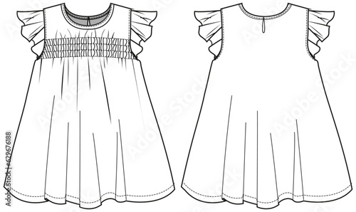 Girls empire babydoll Dress design with smocking chest details flat sketch fashion illustration vector template with front and back view, butterfly sleeve shirring details Toddler baby girl frock