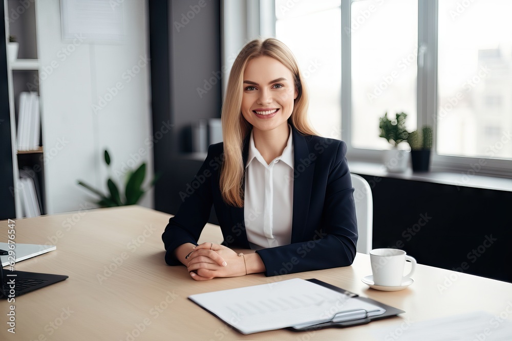 Portrait of happy and successful business woman, boss in shirt smiling and looking at camera Portrait of happy and successful business woman, boss in shirt smiling and looking at camera