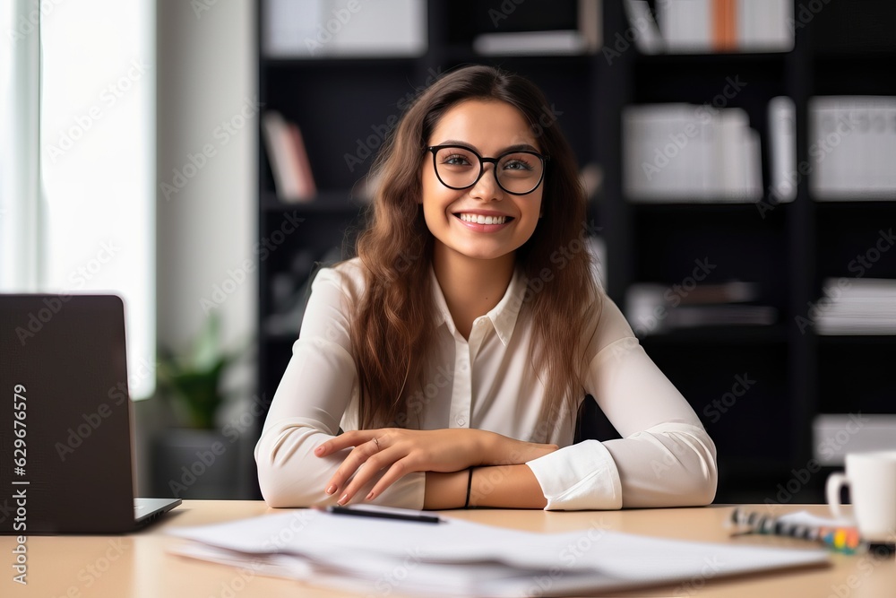 Portrait of happy and successful business woman, boss in shirt smiling and looking at camera Portrait of happy and successful business woman, boss in shirt smiling and looking at camera