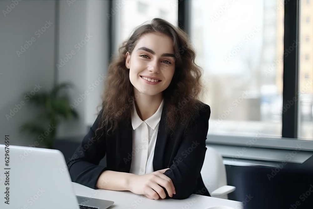 Portrait of happy and successful business woman, boss in shirt smiling and looking at camera Portrait of happy and successful business woman, boss in shirt smiling and looking at camera