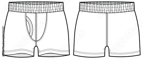 Men's boxer brief underwear front and back view flat sketch fashion illustration, Gents boxer shorts trunk under garments vector template