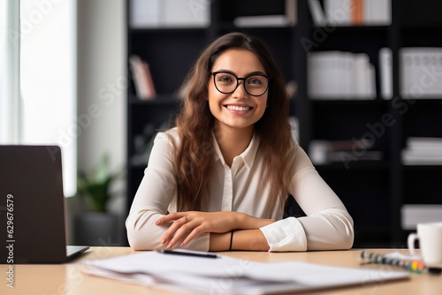 Portrait of happy and successful business woman, boss in shirt smiling and looking at camera